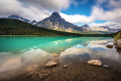 Panoramic view of lake and mountains against sky