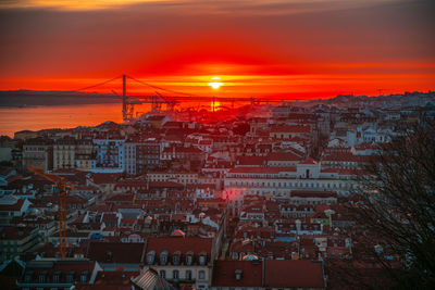 High angle view of city at sunset