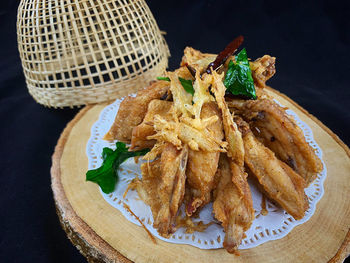 High angle view of food in basket on table