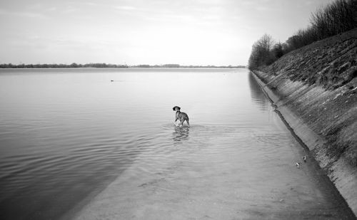 Man in lake against sky