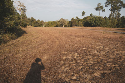 Shadow of person on field against sky