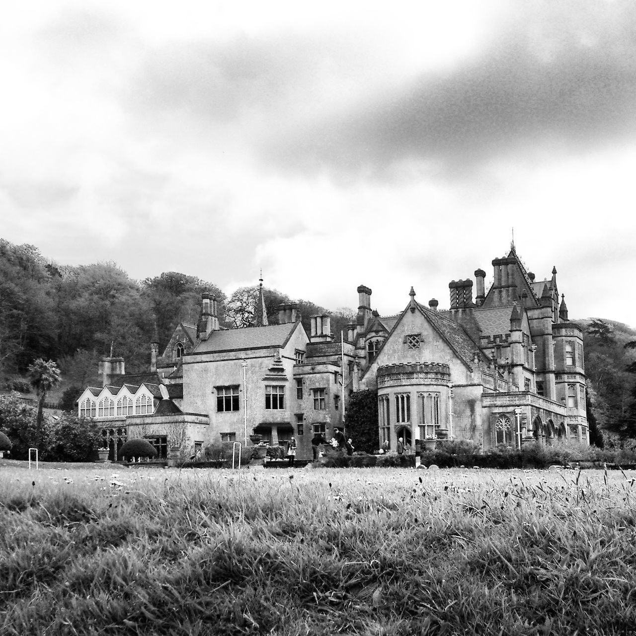 architecture, building exterior, built structure, sky, grass, cloud - sky, cloudy, religion, cloud, place of worship, spirituality, tree, history, day, church, field, facade, outdoors, lawn