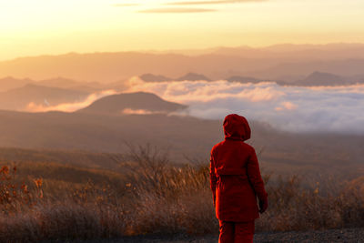 Rear view of man standing on mountain against sky during sunset