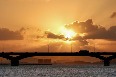 Silhouette bridge over sea against sky during sunset