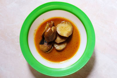 High angle view of soup in bowl on table