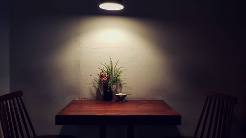 Potted plant on table against illuminated wall at home