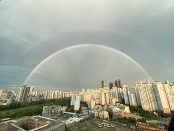 Aerial view of rainbow over buildings in city against sky
