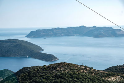 Scenic view of sea and mountains against clear sky