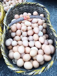 High angle view of eggs in basket