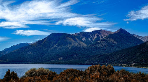 Scenic view of lake and mountains against sky