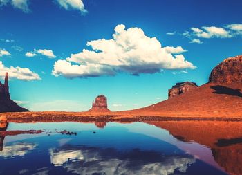 Rock formations and sky reflecting in lake at monument valley