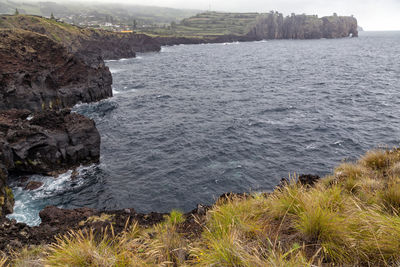 High angle view of sea and rocks