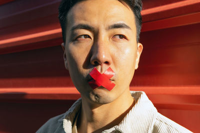 Crop pensive asian male with red adhesive tape on lips standing against red metal fence and looking away thoughtfully