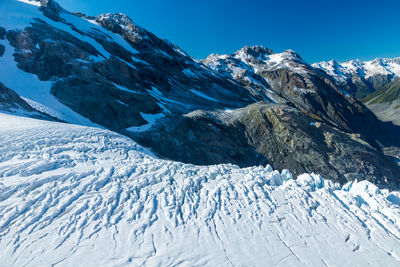 Scenic view of snowcapped mountains against blue sky