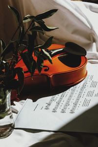 High angle view of book on table