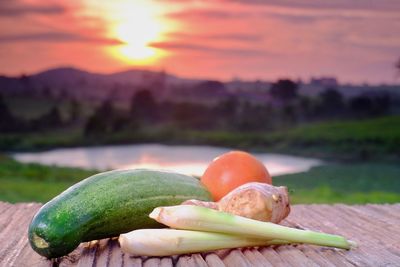 Close-up of fresh orange fruits against sky during sunset