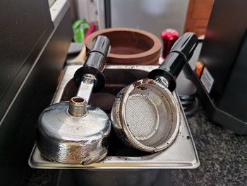High angle view of old machine in kitchen