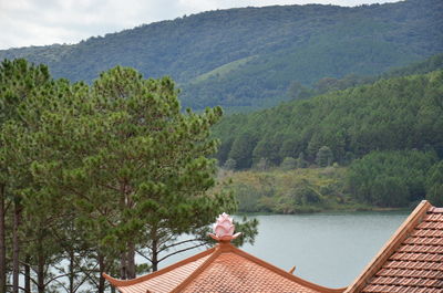 Scenic view of lake and mountains against sky