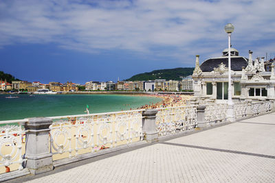 View of buildings by sea against cloudy sky