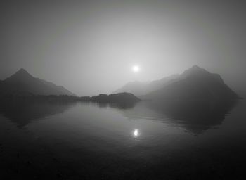 Scenic view of lake and mountains against clear sky