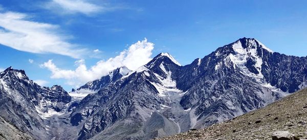 Ice capped mountains against clear blue sky 