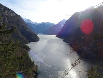 Scenic view of lake and mountains against sky