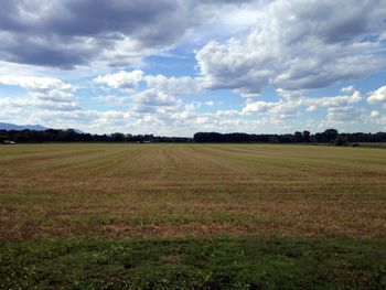 Scenic view of grassy field against cloudy sky