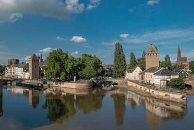 Reflection of buildings and trees in river