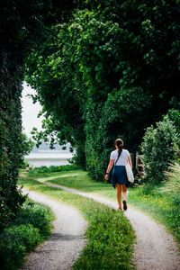 Rear view of people walking on footpath