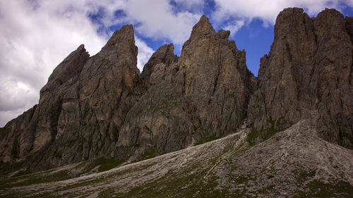 Low angle view of rocks on mountain against sky