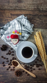 High angle view of coffee and cup on table