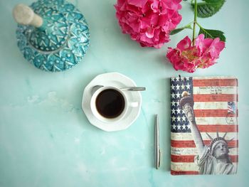 High angle view of coffee on table
