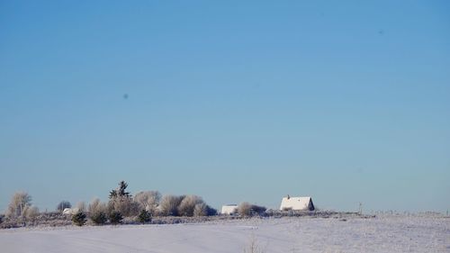 Scenic view of snow covered land against clear blue sky