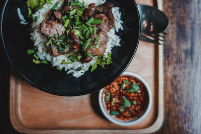 High angle view of meal served on table