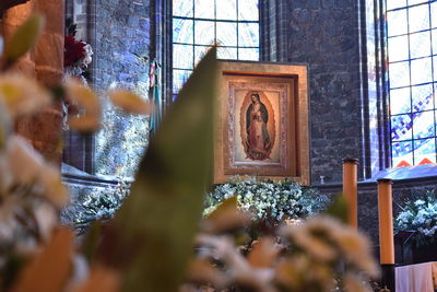 Low angle view of mother mary frame at the wall
