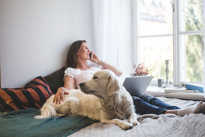 Woman touching dog while talking through mobile phone on bed at home