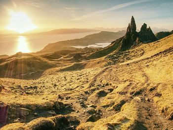 Famous exposed rocks old man of storr, the isle of skye, highlands in scotland.