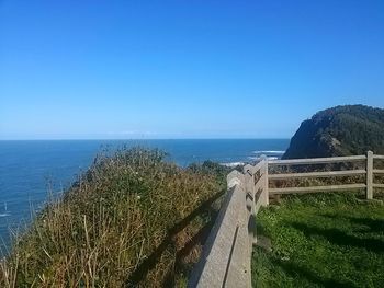 Scenic view of sea against clear blue sky