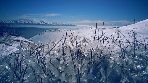 Frozen landscape against sky