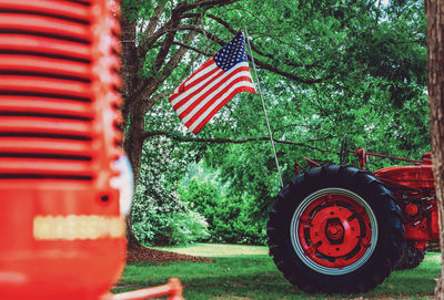 Low angle view of american flags on field