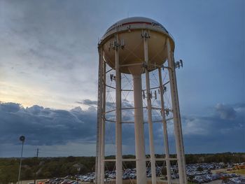 Low angle view of water tower against sky during sunset