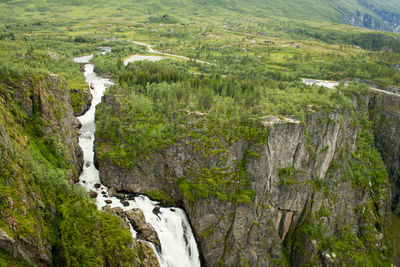 High angle view of waterfall on landscape