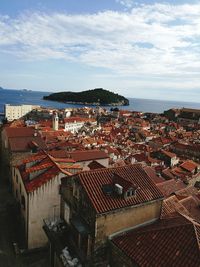 High angle view of houses in city