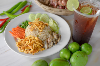 High angle view of meal served on table