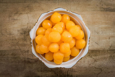 High angle view of fruits in bowl on table