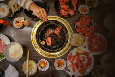 High angle view of meal served on table