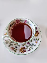 Directly above shot of tea cup against white background