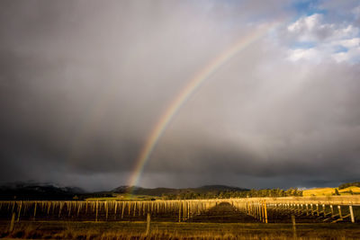 Scenic view of rainbow over field against dramatic sky