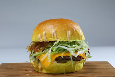 Close-up of burger against white background