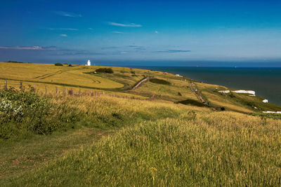 Scenic view of sea against blue sky